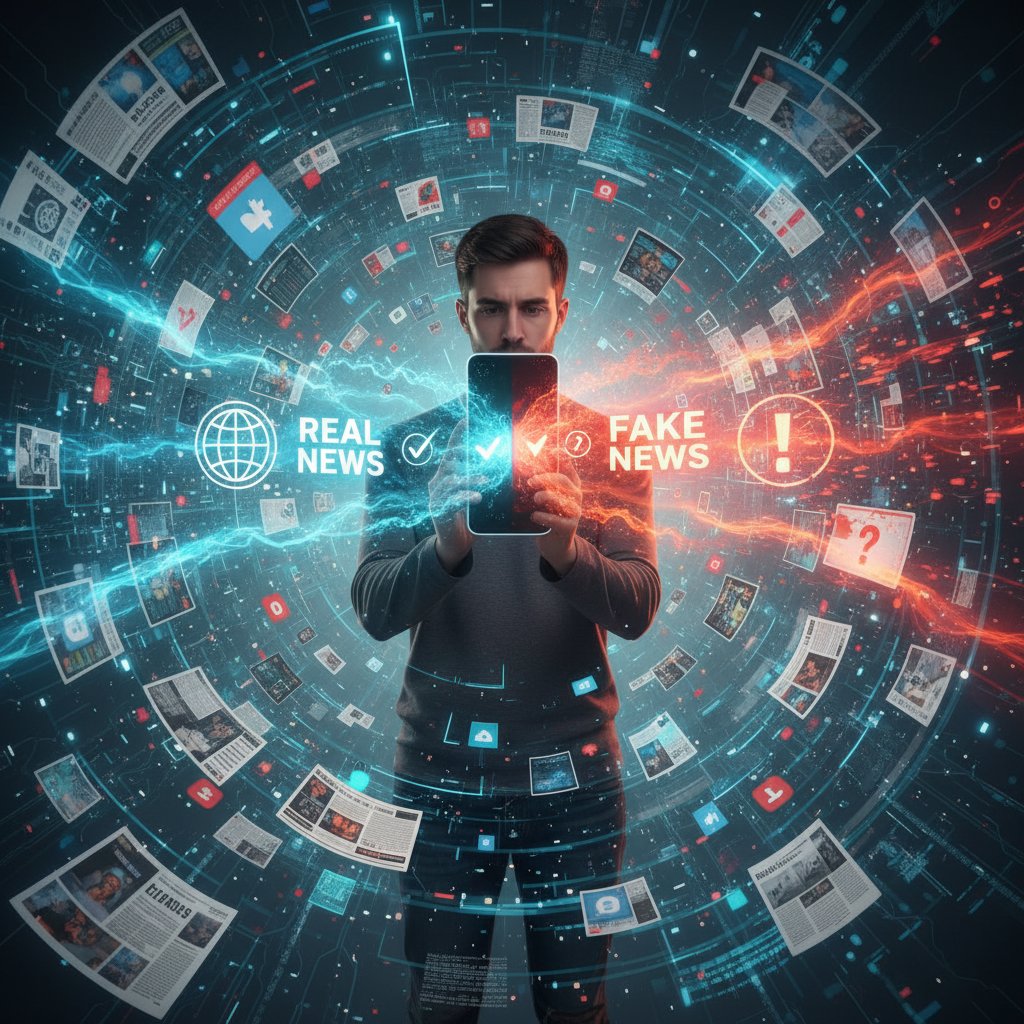 Osoba analizująca informacje na smartfonie, wokół wyświetlane fałszywe i prawdziwe newsy, klimat dynamiczny, lekki chaos
