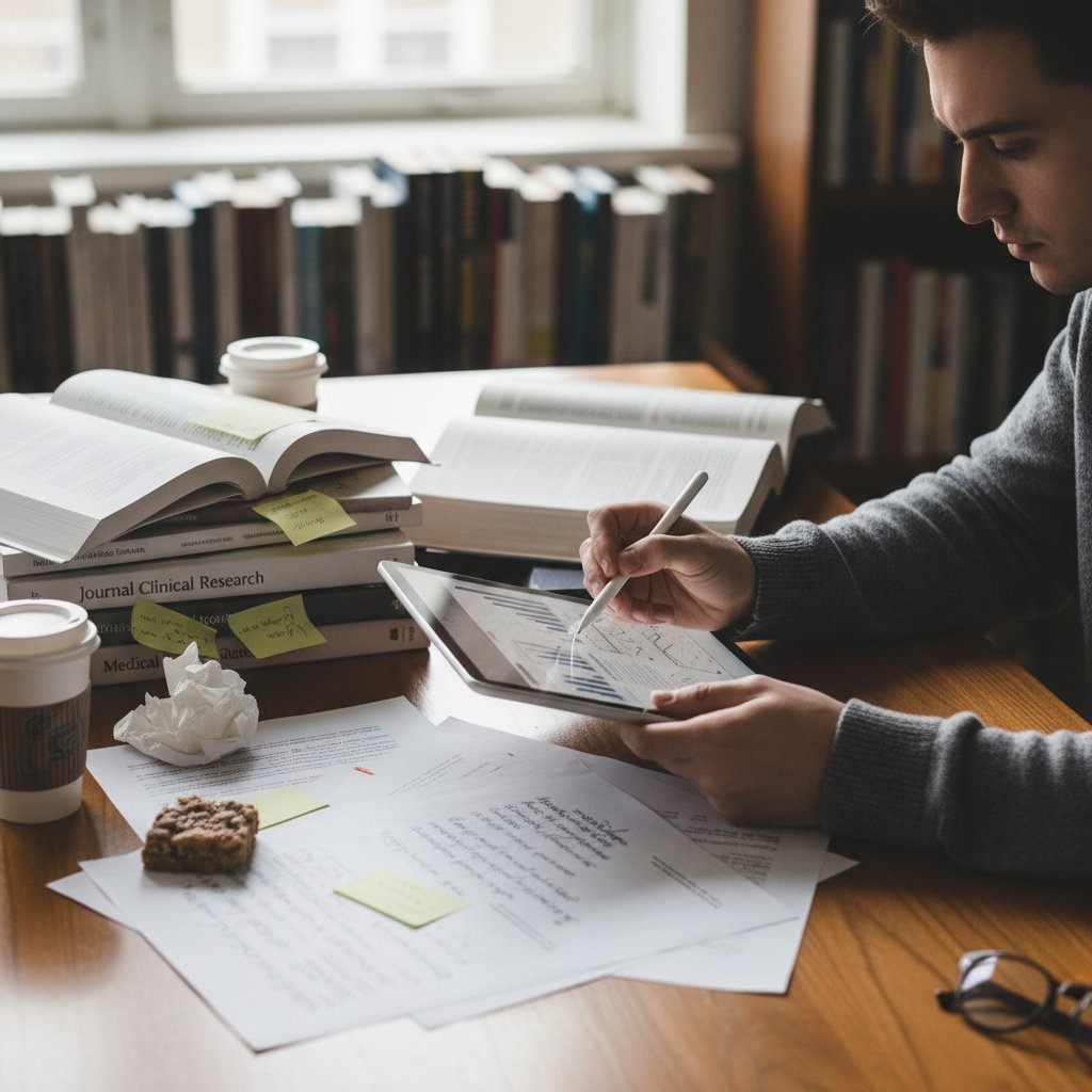 Osoba analizująca artykuł medyczny na tablecie, otoczona notatkami i wydrukami naukowymi