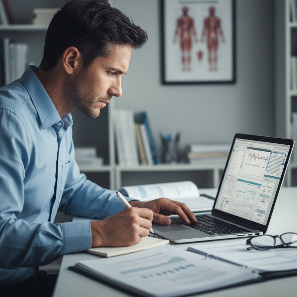 Osoba analizująca wyniki badań na laptopie, ekran z danymi medycznymi, skupienie