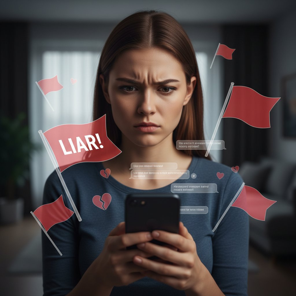 Zdjęcie osoby analizującej wiadomości na telefonie, z wyraźnym sceptycyzmem na twarzy