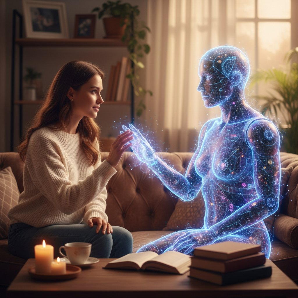 Dwie osoby – człowiek i AI-avatar – rozmawiają w półmroku, atmosfera intymna, relacyjna