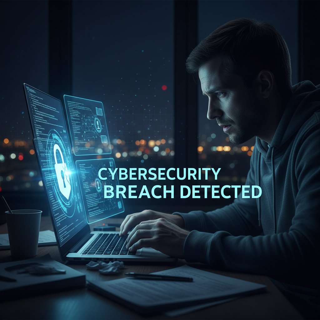 Osoba patrząca niepewnie na ekran laptopa nocą – niepewność i zagrożenia online, wygadanie się