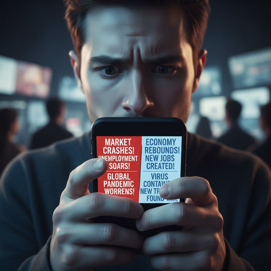 Zbliżenie na zaniepokojoną osobę czytającą sprzeczne informacje na ekranie telefonu