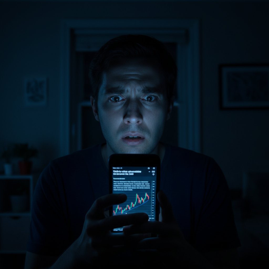 Osoba z niepokojem patrząca na ekran telefonu w ciemności – cyfrowy stres komunikacyjny
