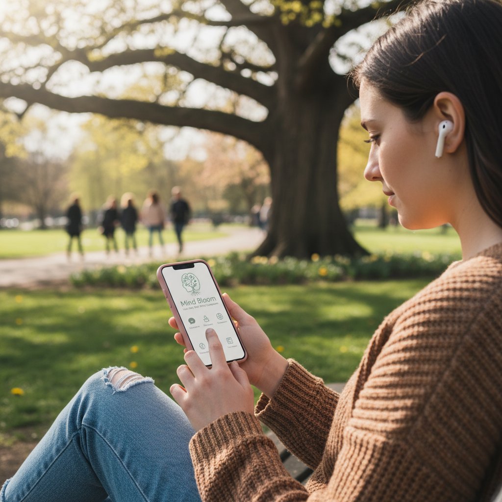 Osoba korzystająca z aplikacji wsparcia psychicznego na smartfonie, światło ekranu na twarzy