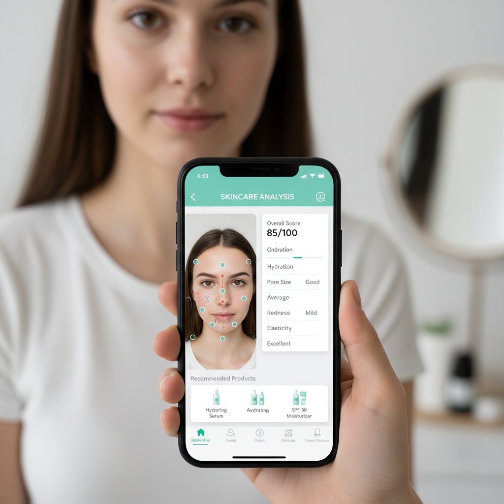 Osoba korzysta z aplikacji mobilnej do analizy skóry i wyboru balsamu