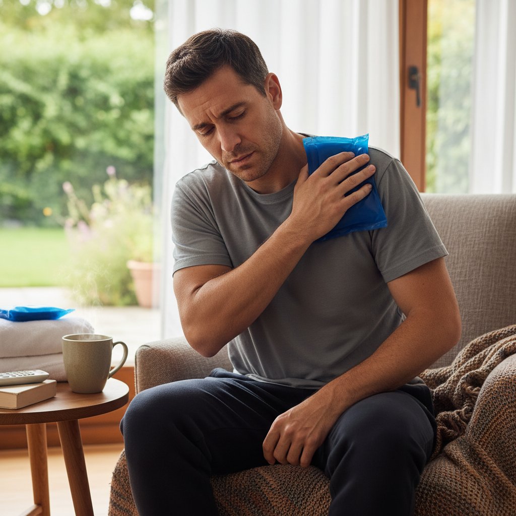 Zdjęcie osoby przykładającej zimny okład do ramienia, domowe sposoby na ból ramienia