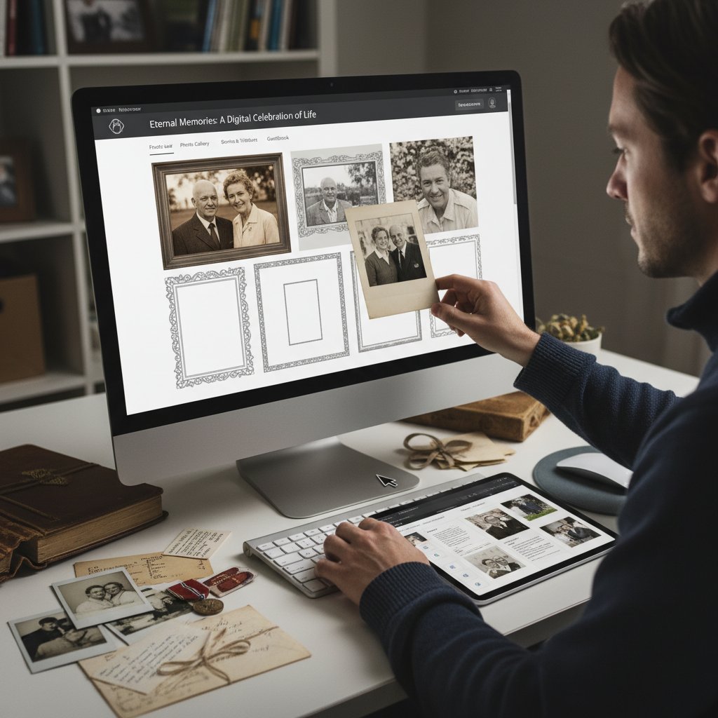 A person arranging photos and memorabilia on a desk, preparing to upload to an online obituary platform