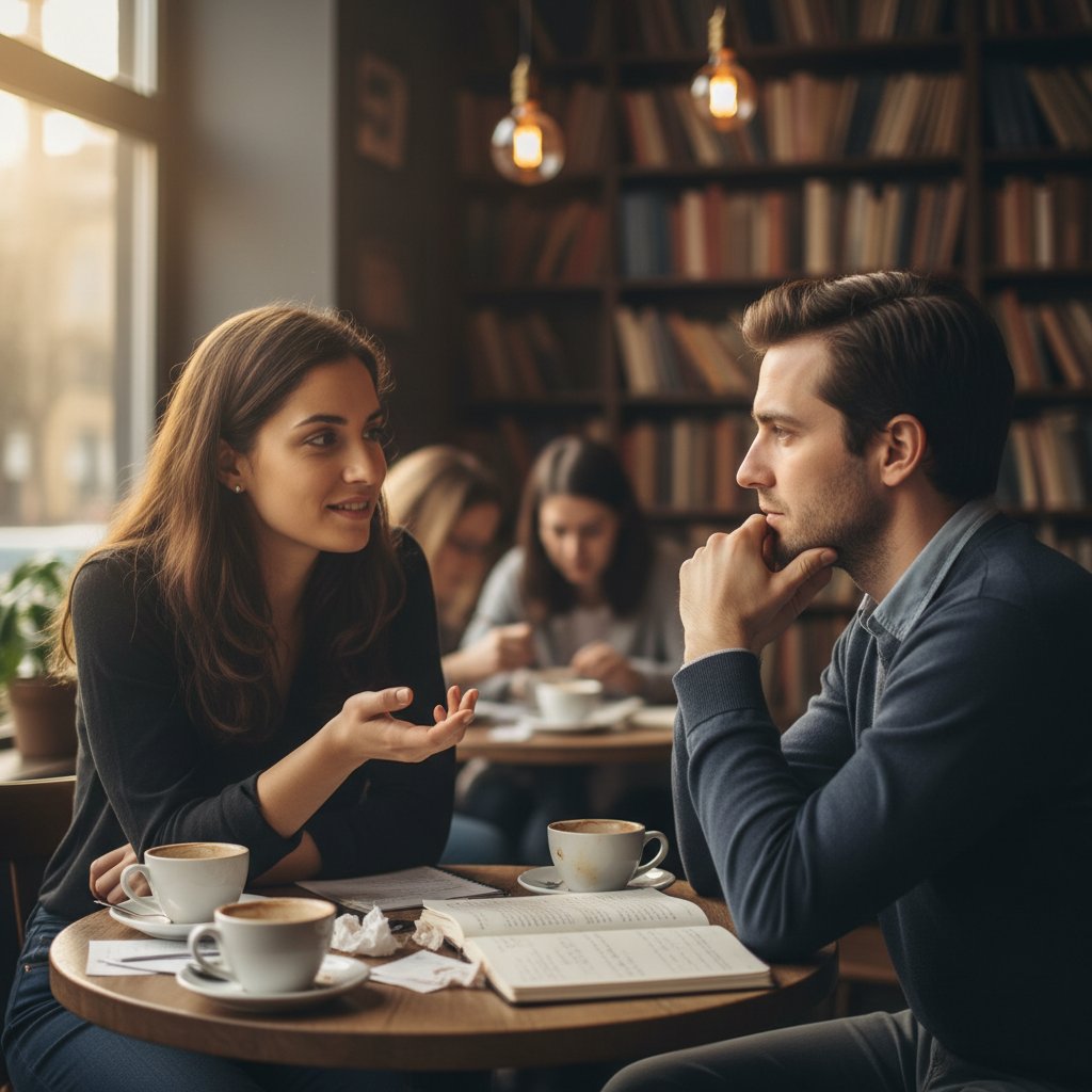 Osoba podczas głębokiej rozmowy, zadająca pytanie otwarte, zamyślona atmosfera