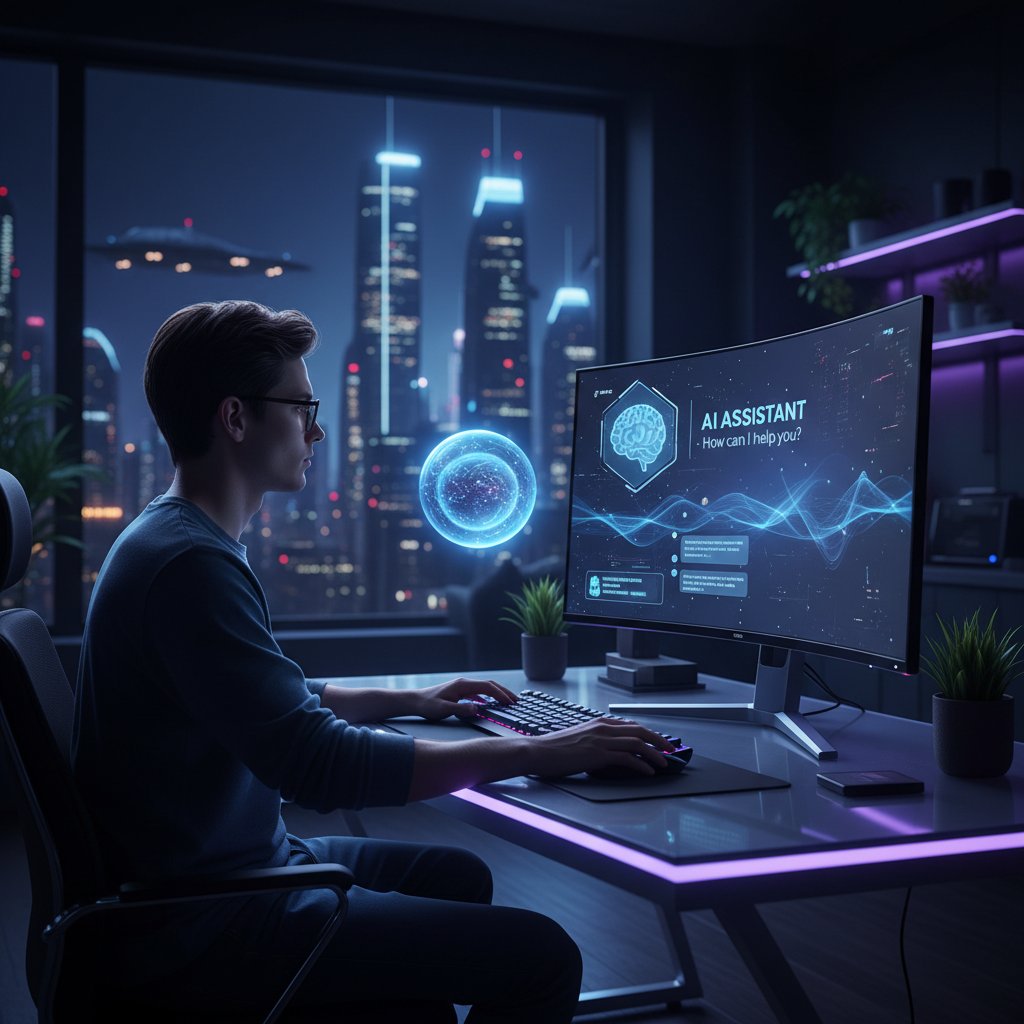 Osoba siedząca nocą przy komputerze, korzystająca z AI do wsparcia emocjonalnego