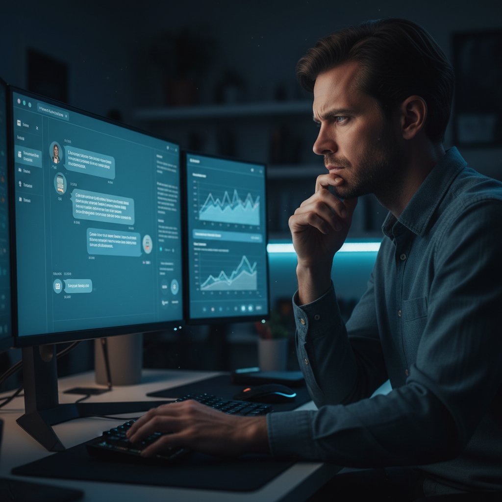 Osoba przy komputerze analizuje dialog z AI, skupienie na mimice i gestykulacji