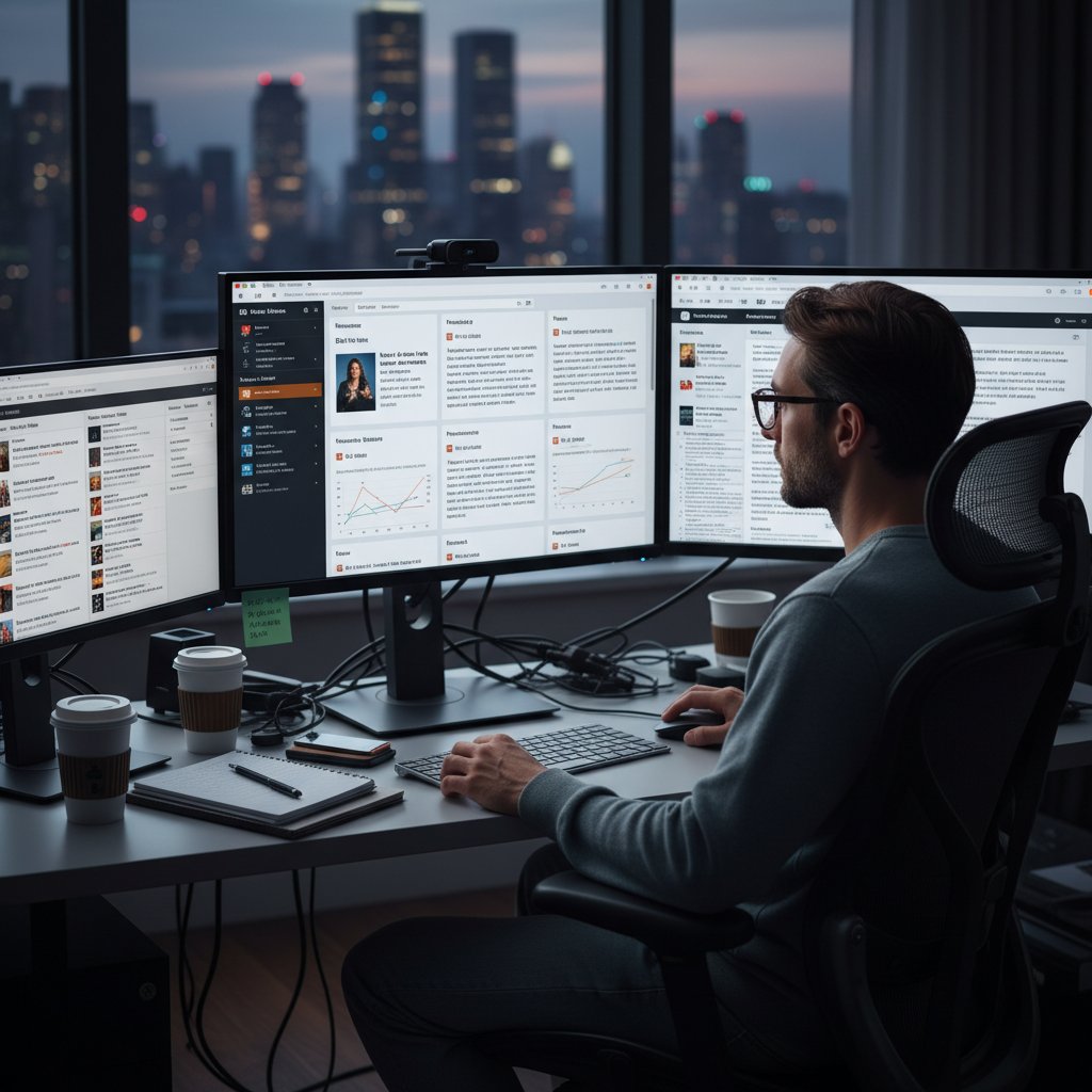 Osoba przy komputerze analizująca kanały RSS – nowoczesne wykorzystanie starej technologii do szybkiego zdobywania wiadomości