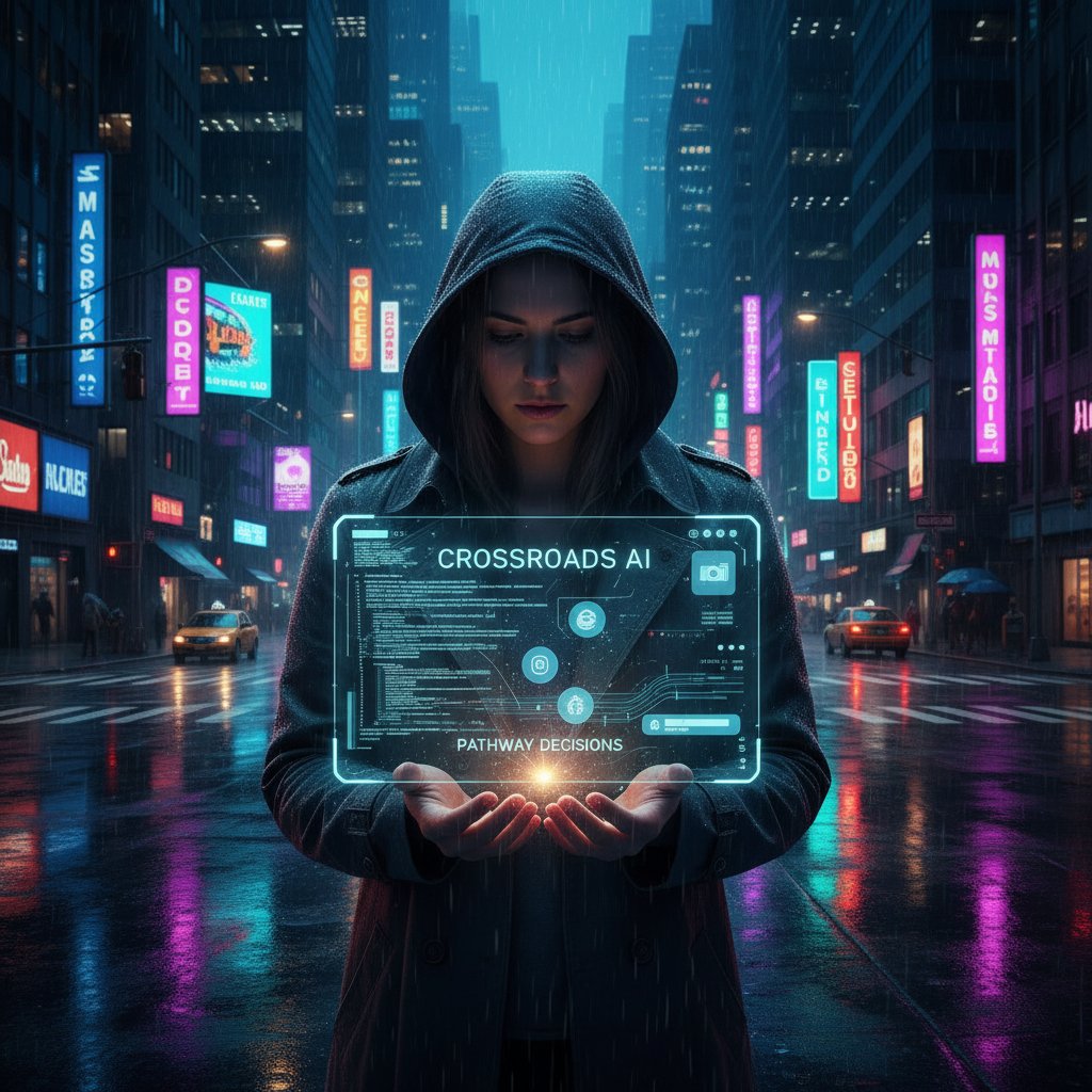 Osoba z telefonem przy skrzyżowaniu dróg, jedna ścieżka oświetlona przez interfejs AI, druga w cieniu, nocny miejski klimat