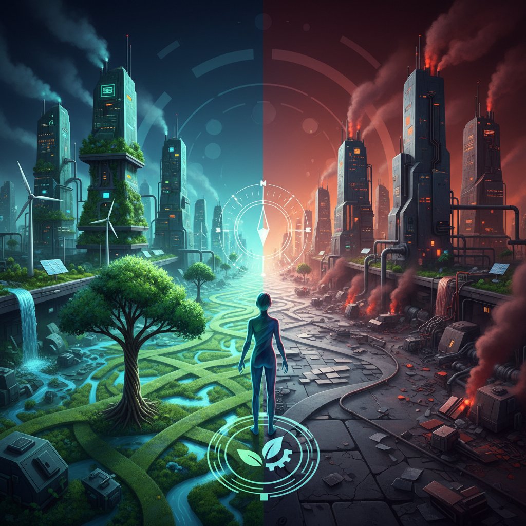 Person at crossroads, city skyline with green and gray zones, sustainability features