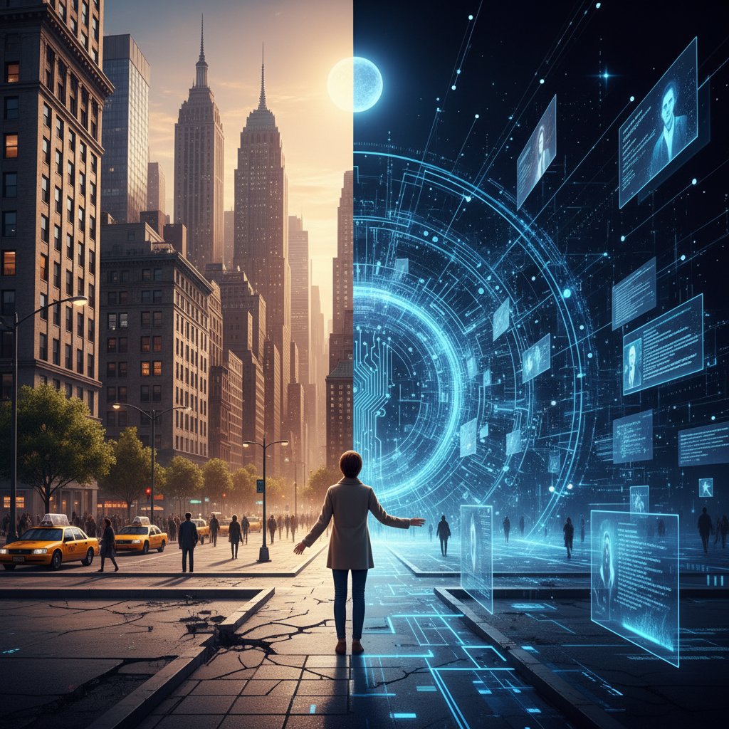 Osoba na rozdrożu, wybór między miastem a cyfrowym światem – symboliczna ilustracja drogi cyfrowej