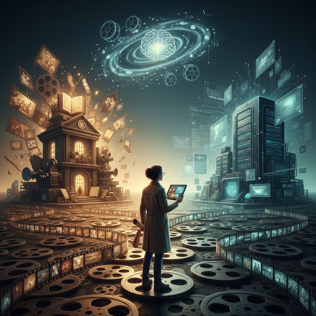 Person standing at a crossroads of film reels and digital code, symbol of movie research