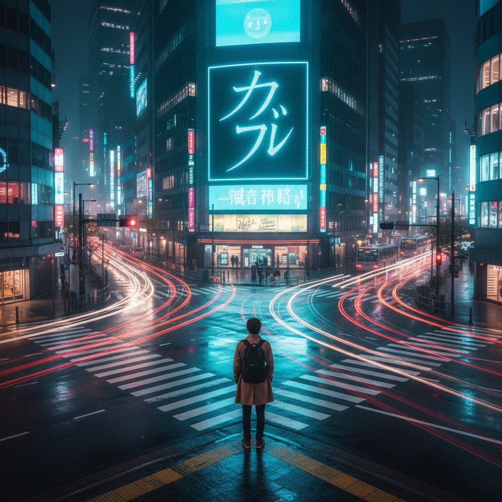 Człowiek na miejskim rozdrożu symbolizujący wybór wobec AI