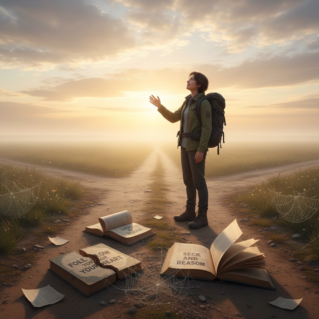 Person standing at a crossroads, torn pages of advice books swirling in the wind, hopeful sunrise, symbolizing new beginnings