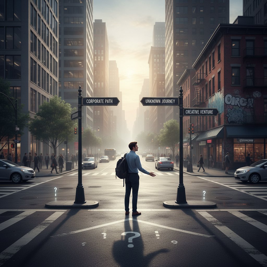 Osoba stojąca na rozdrożu dróg w miejskim krajobrazie, symbolizująca wybór zawodowy