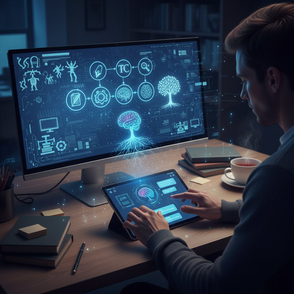 Osoba pracująca przy biurku z papierowym dziennikiem, aplikacją na telefonie i laptopem z otwartym czatem AI, symboliczna ewolucja narzędzi