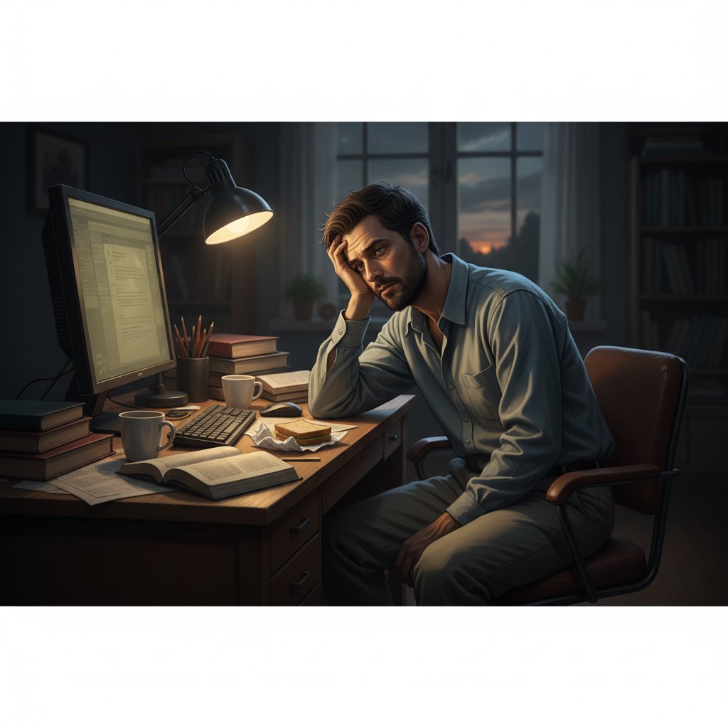 Zdjęcie osoby siedzącej przy biurku ze zmęczoną miną, otoczonej dokumentami