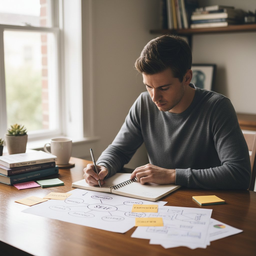 Osoba siedząca przy biurku, pisząca notatki, wokół rozrzucone kartki z różnymi słowami kluczowymi dotyczącymi osobowości