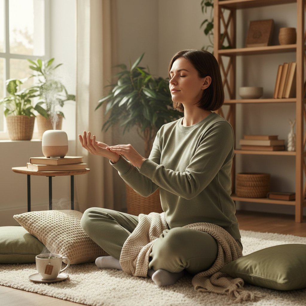 Osoba w domowym otoczeniu wykonująca prostą akupresurę, relaksująca atmosfera, poprawa samopoczucia