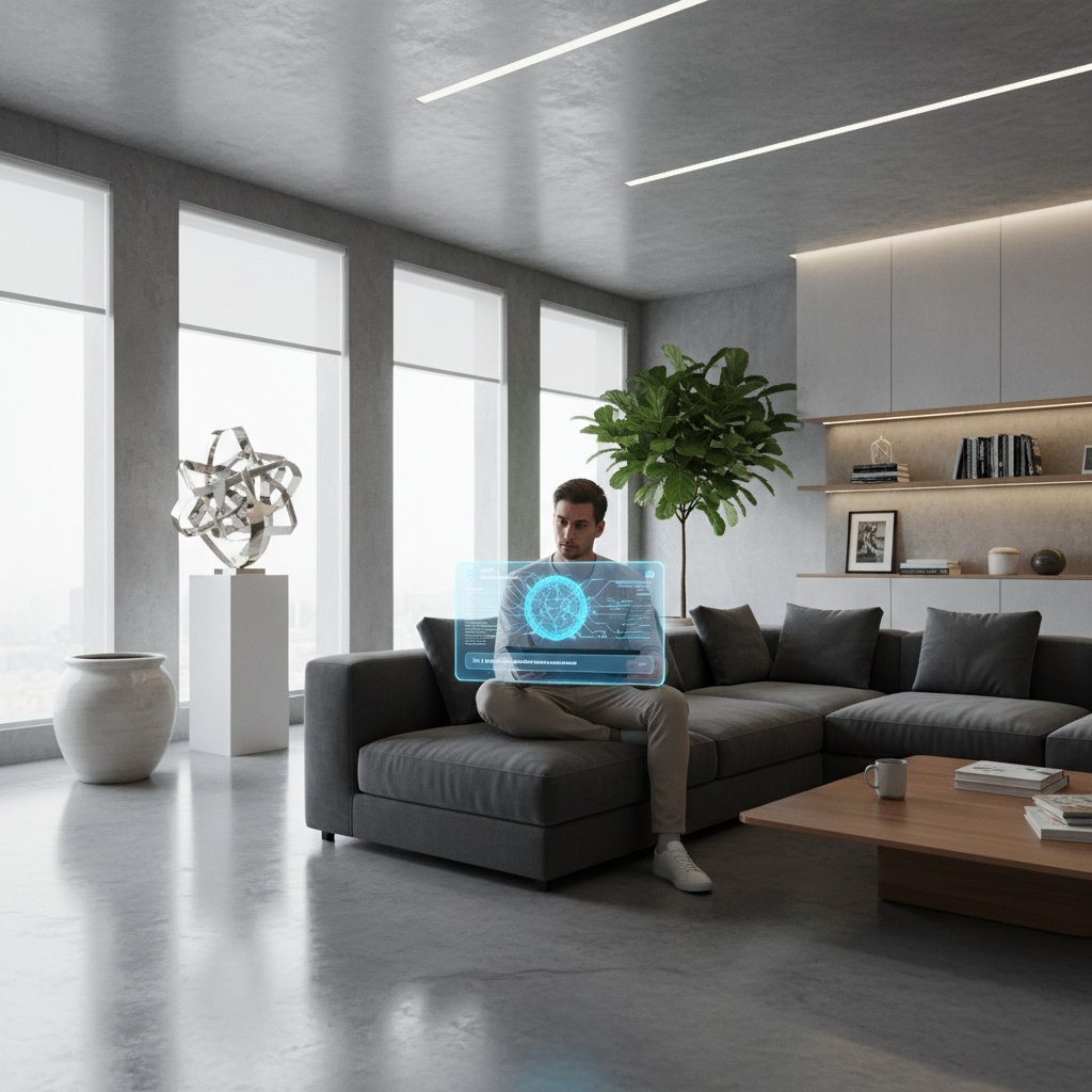 Naturalna scena codziennego korzystania z czatbota AI w domu, ilustracja przyszłości porad eksperckich