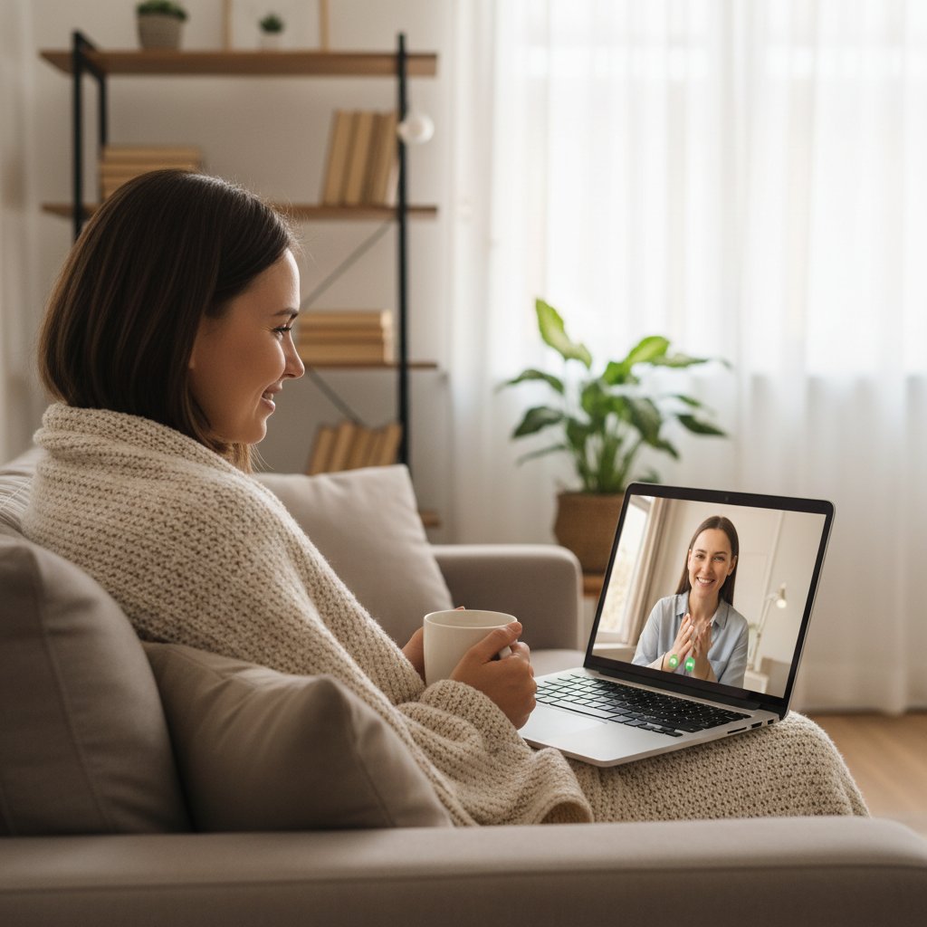 Osoba w domowym zaciszu podczas rozmowy wideo z psychologiem online, atmosfera komfortu