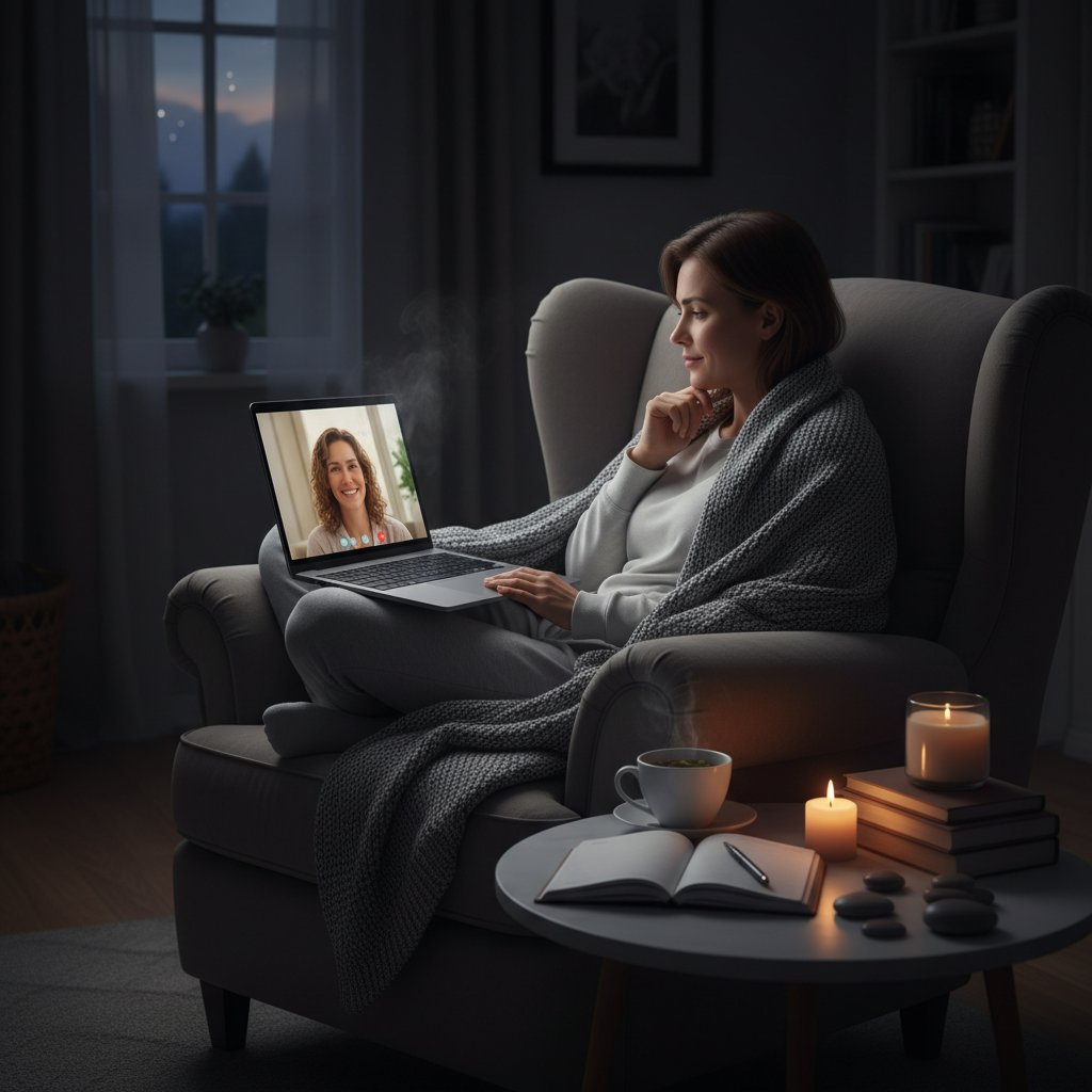 Osoba siedząca wieczorem przy laptopie, psychologiczny klimat, symbol regularnej pracy własnej z AI