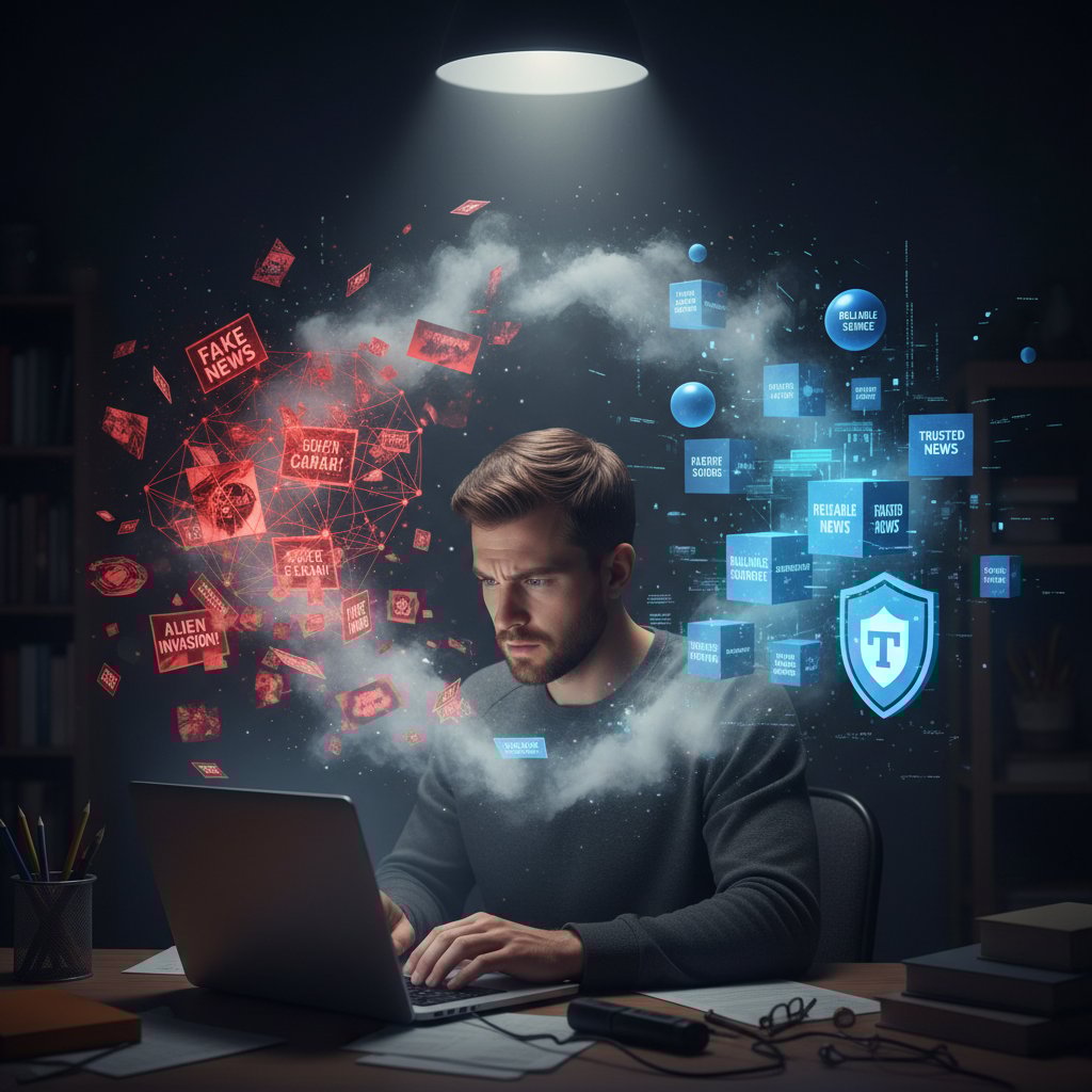 Osoba weryfikująca źródła podczas nauki filozofii online, laptop, fałszywe i prawdziwe newsy, atmosfera napięcia