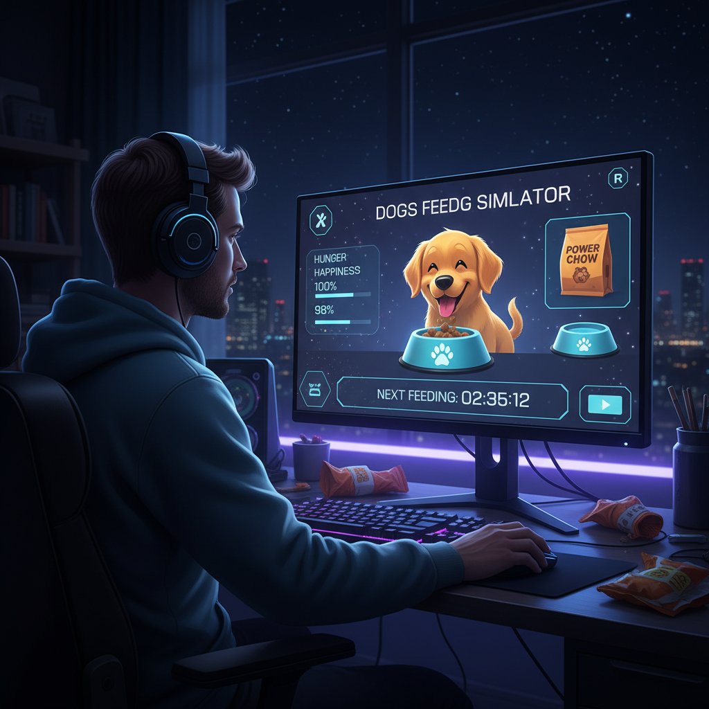 Osoba siedzi przy biurku nocą, zanurzona w świecie symulatora psa online na laptopie, ekran oświetla jej twarz, wokół ciemność