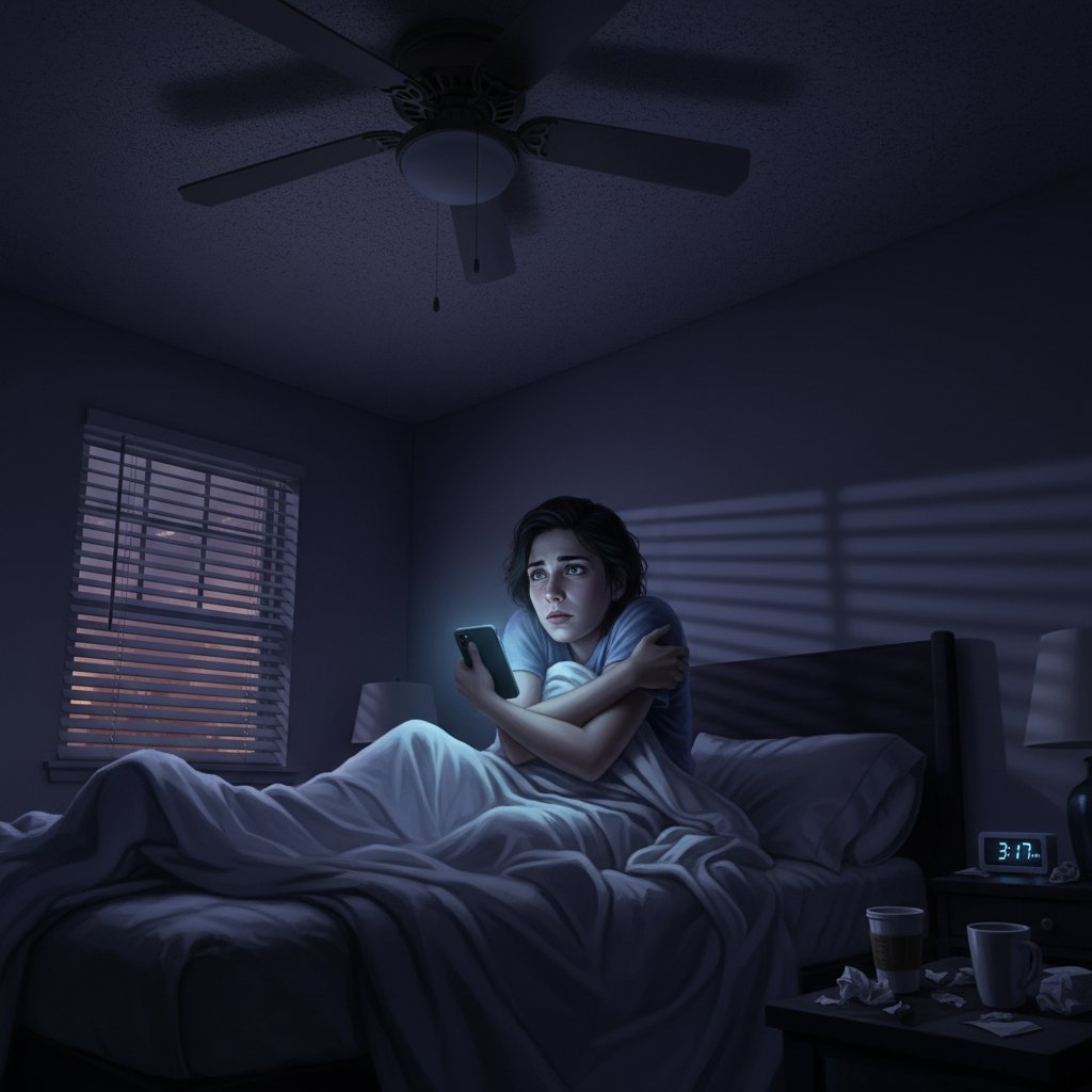 Osoba leżąca w ciemności, wpatrująca się w sufit – ilustracja nocnych lęków