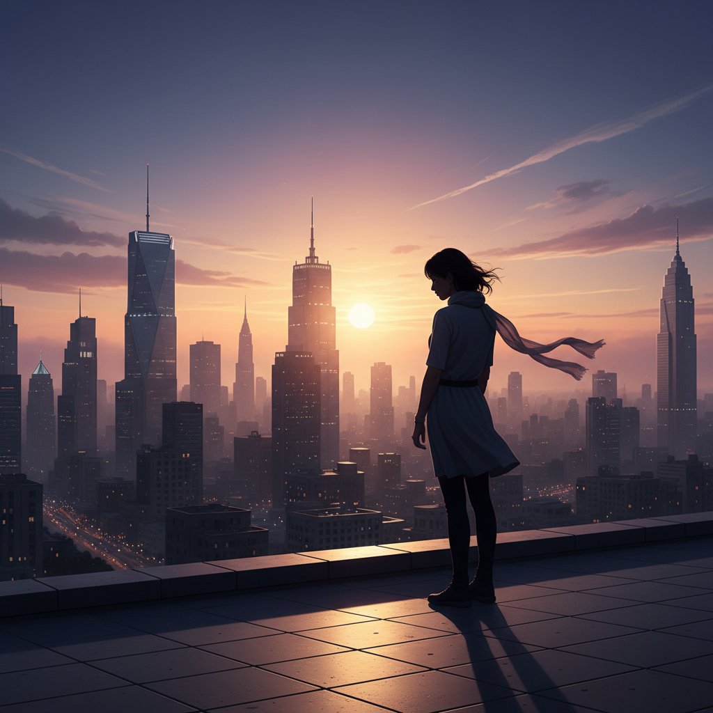 Osoba na tle wschodzącego słońca i miasta – refleksja po poznaniu defuzji poznawczej