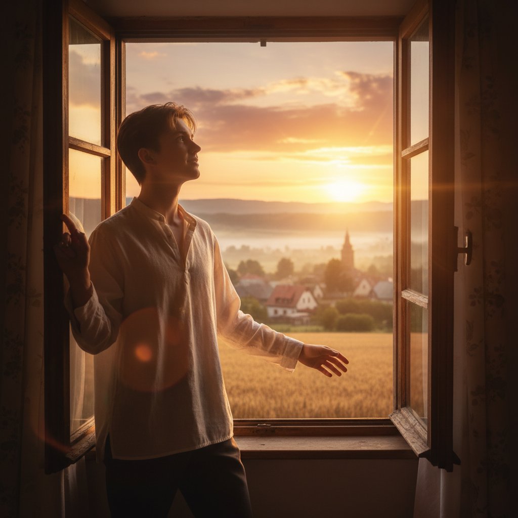 Osoba przy oknie o wschodzie słońca, promienie światła, optymizm