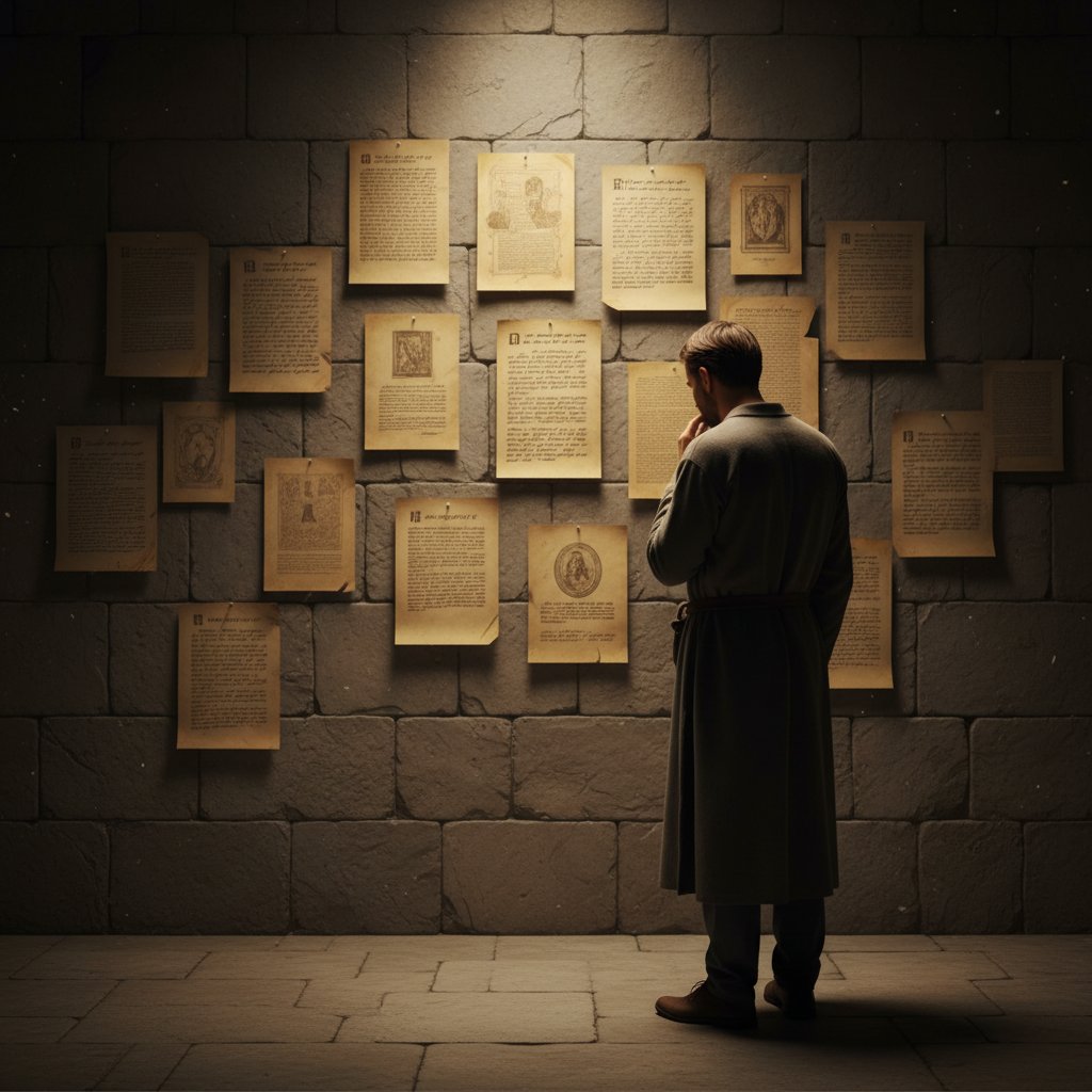 A person stands before a wall of illuminated documents, contemplating rapid insights and information strategy