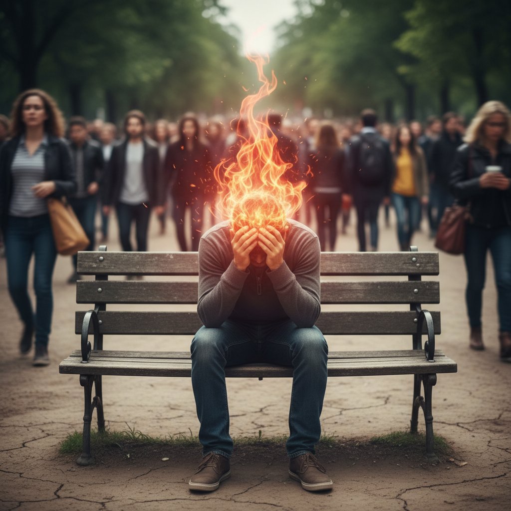 Osoba siedząca na ławce w ciszy, zamyślona, wokół dynamiczny tłum – symbol napięć psychicznych