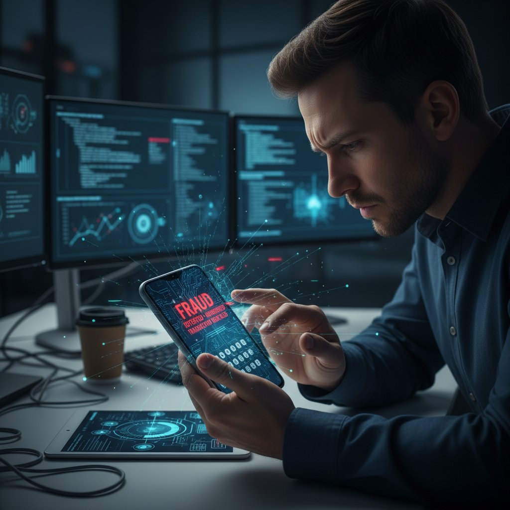 Osoba pochylona nad smartfonem – wykrywanie oszustwa internetowego