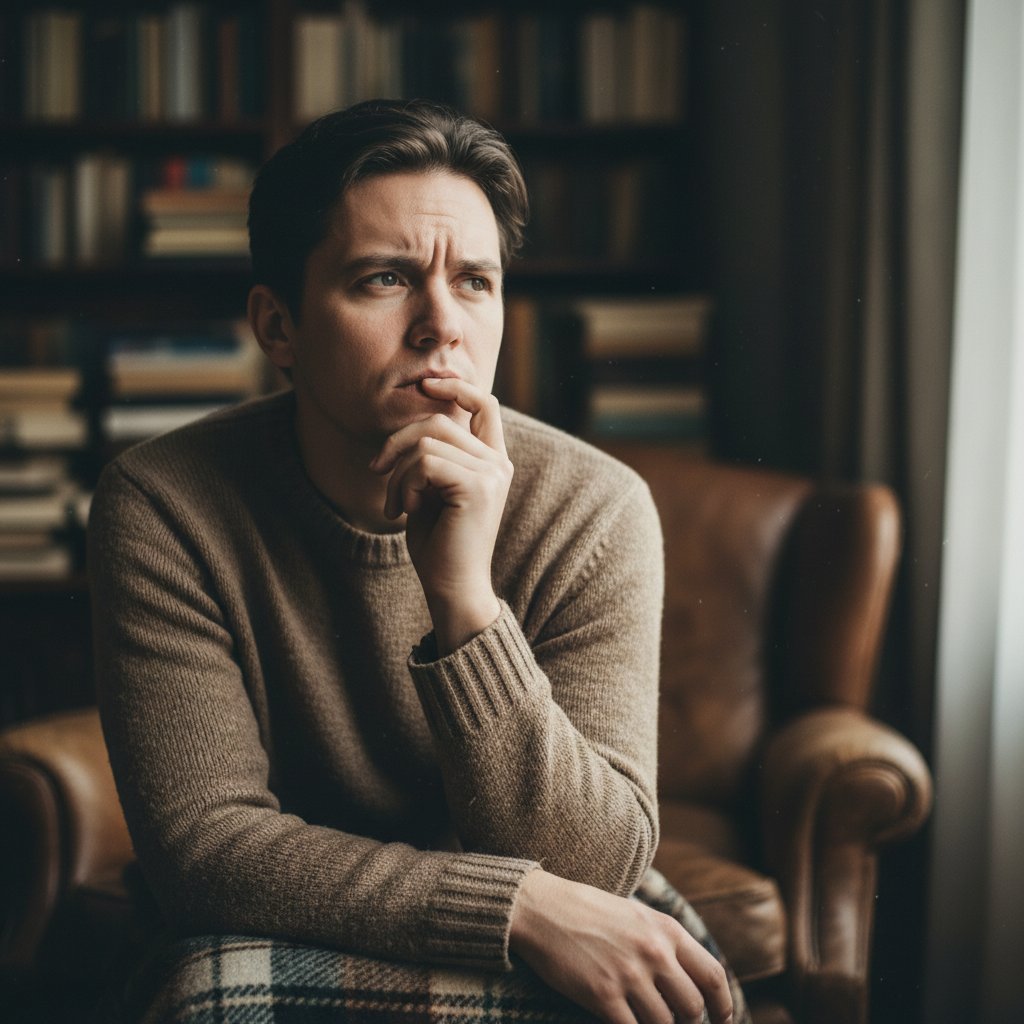 Osoba gryząca wargę, zamyślona przed odpowiedzią, presja w wyborze słów