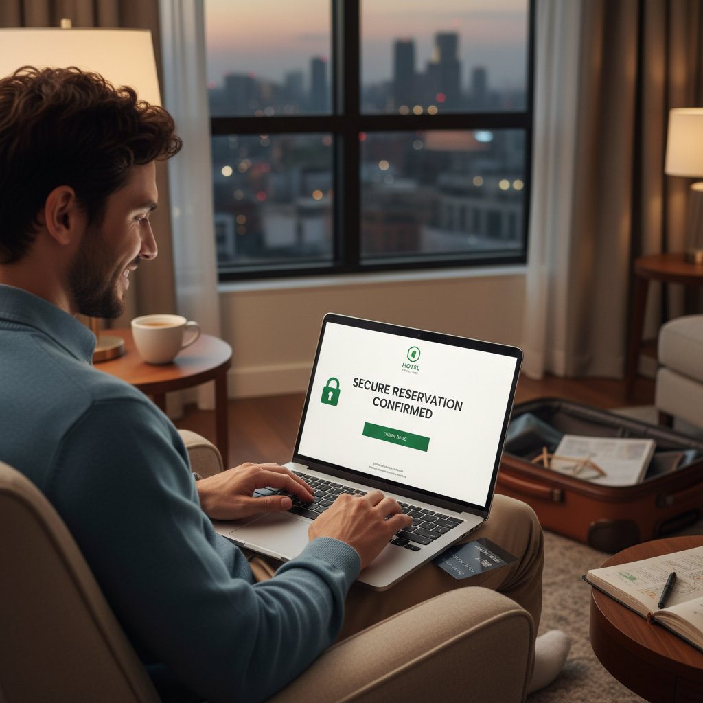 Osoba rezerwująca pokój w hotelu na laptopie, wygodna i bezpieczna rezerwacja