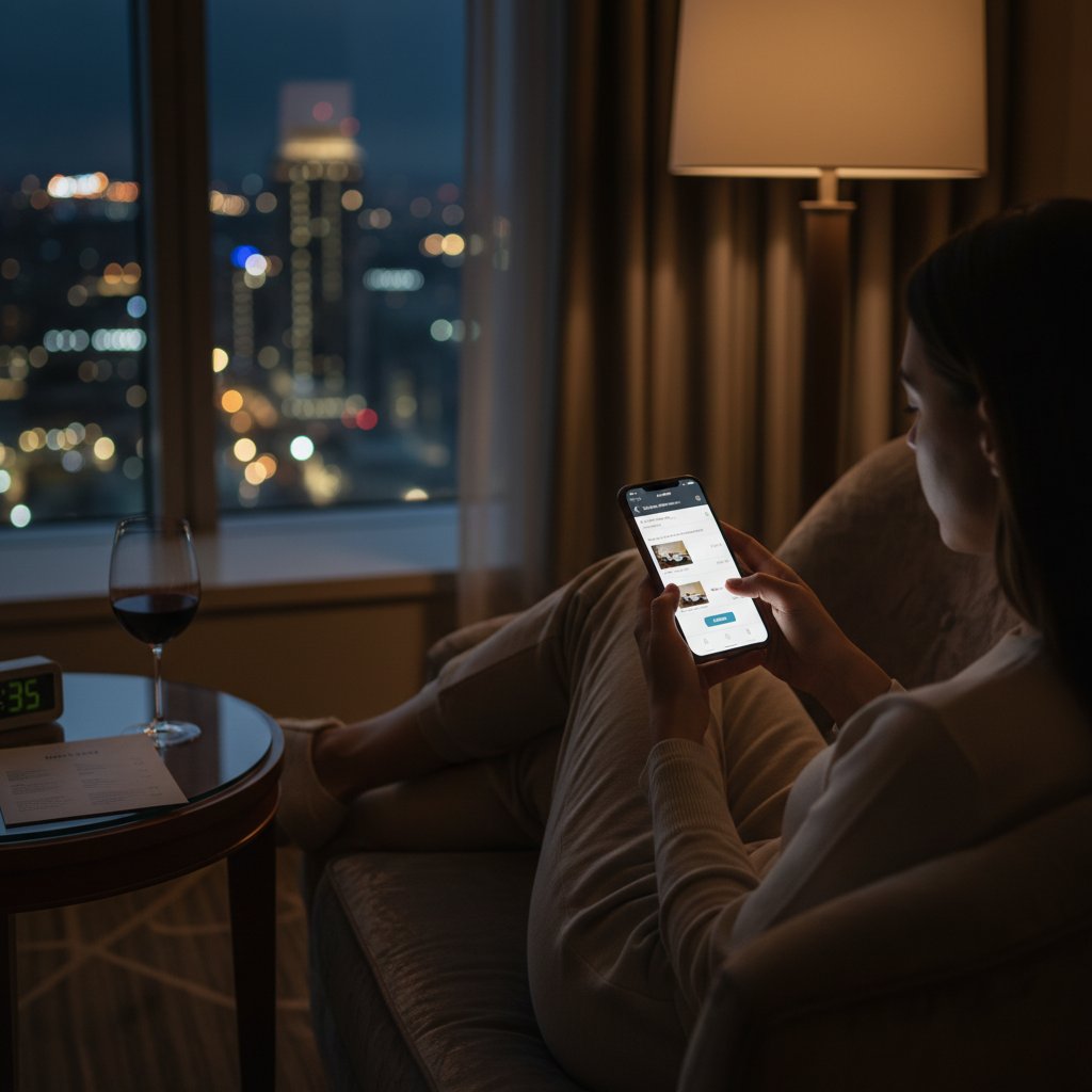 Osoba rezerwująca nocleg online z telefonu – ostatnia kontrola przed kliknięciem „rezerwuj”