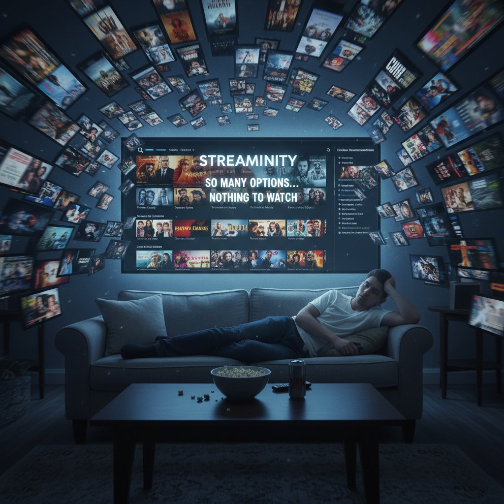 Person bored with endless movie choices on a streaming platform, representing the fatigue of generic recommendations
