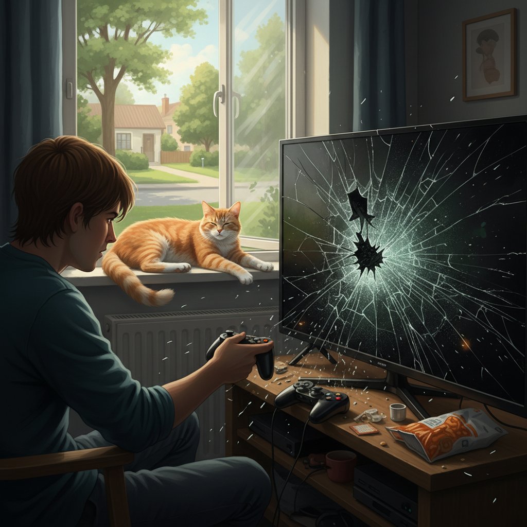 Osoba robiąca przerwę od gry z kotem, patrzy przez okno, relaksująca atmosfera