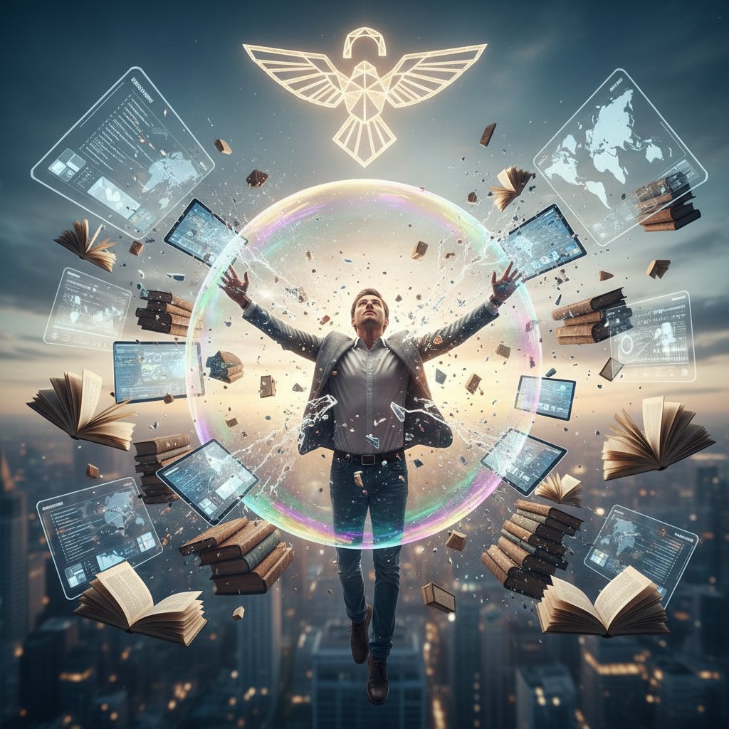 Osoba wychodząca z bańki pełnej książek i ekranów, symbol wolności intelektualnej