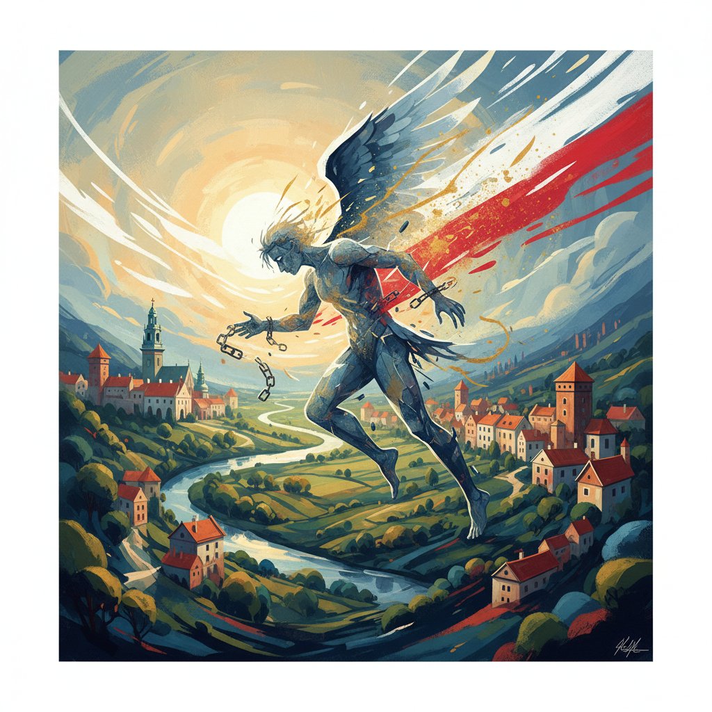 Wyzwolenie z pułapek kultury narodowej – symboliczne zdjęcie osoby zrywającej niewidzialne kajdany na tle abstrakcyjnego krajobrazu Polski