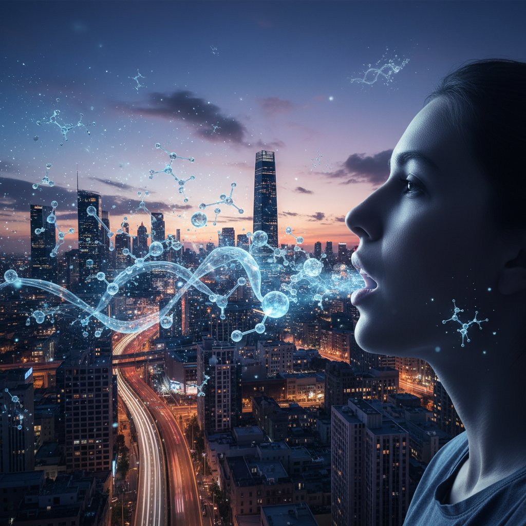 Oddychający człowiek na tle miasta i molekuł powietrza