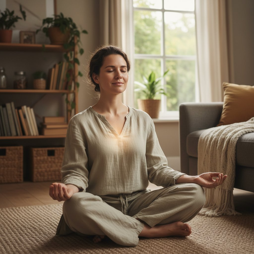 Osoba wykonująca ćwiczenia oddechowe w domu, skupienie, spokojna atmosfera – odporność emocjonalna