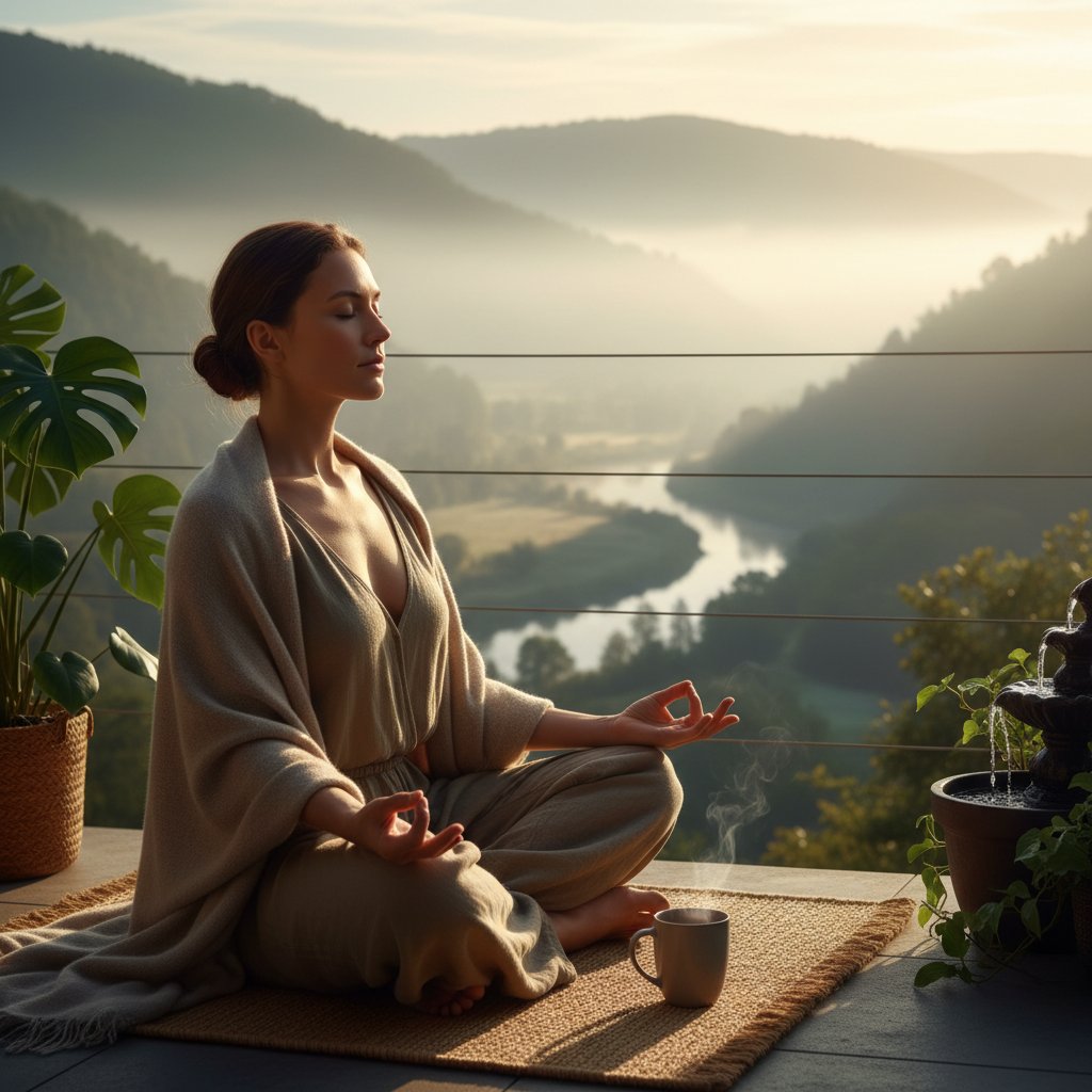 Osoba wykonująca ćwiczenia oddechowe na podłodze, skupienie i rozluźnienie, jasne światło poranka