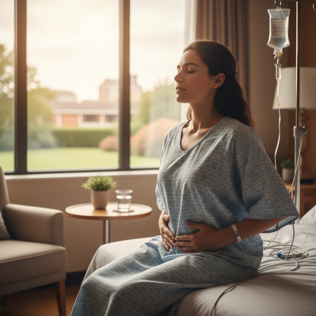 Pacjent ćwiczy oddech przed rezonansiem, szpitalne tło, spokojna atmosfera