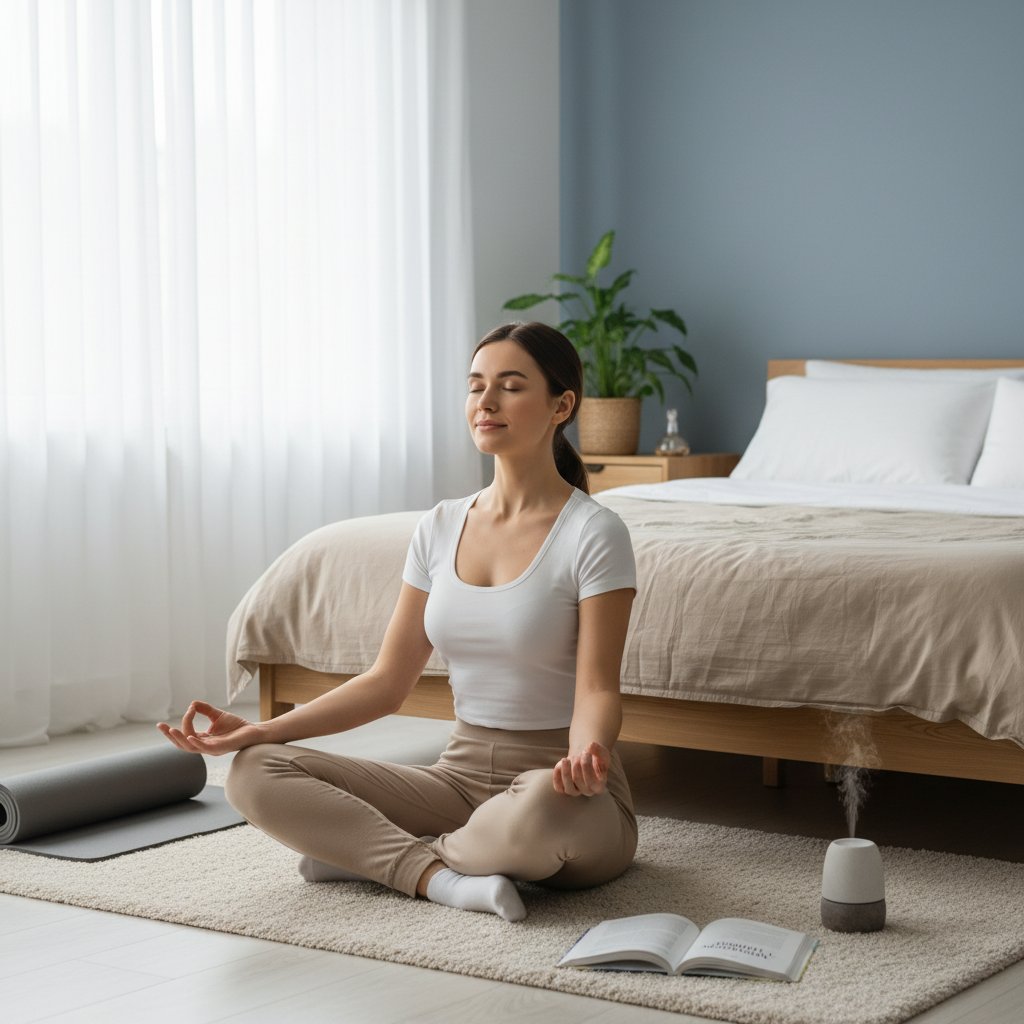 Osoba wykonująca ćwiczenia oddechowe rano w jasnej sypialni, symbolizująca rutynę SOS